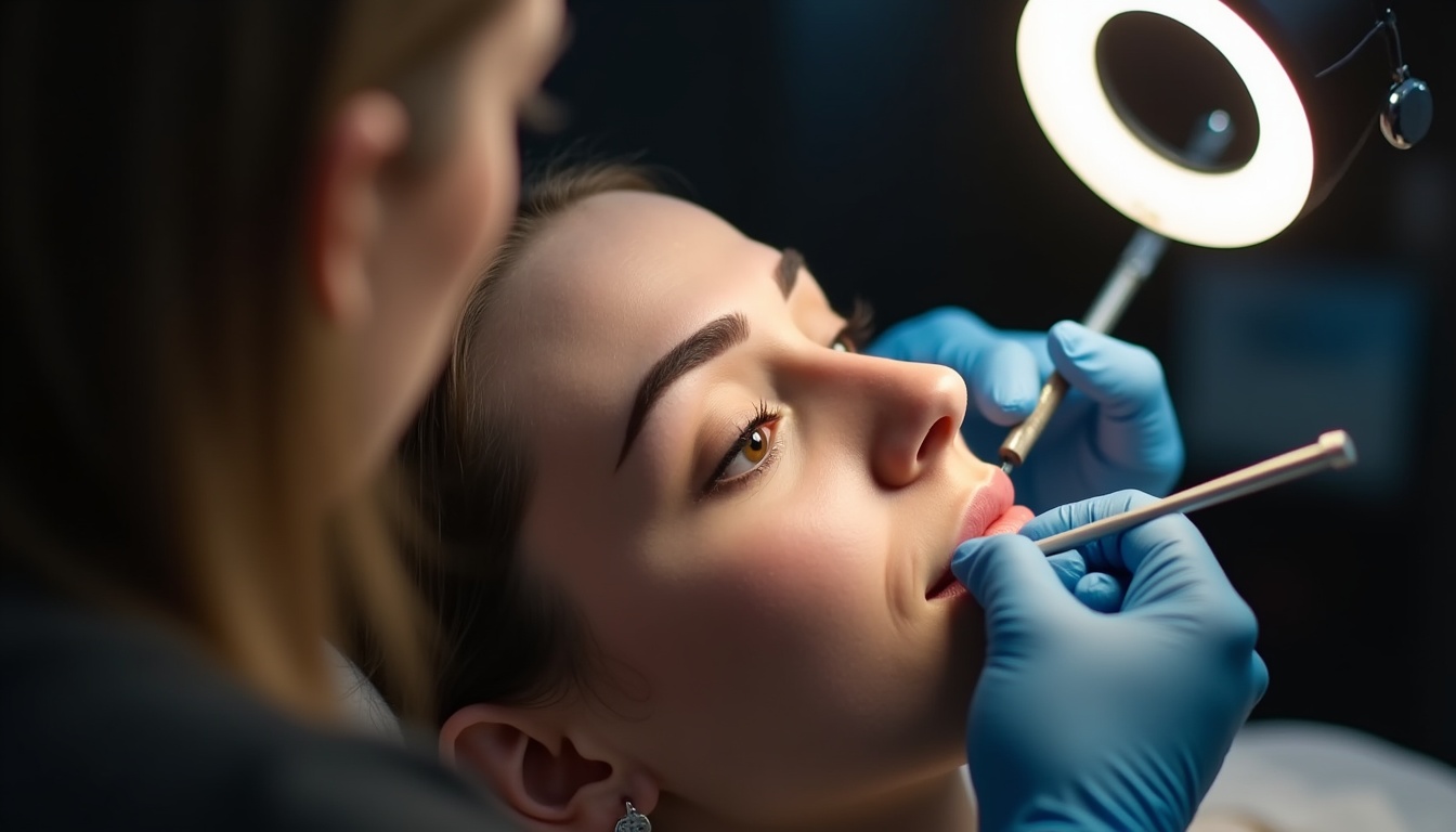 Femeie cu sprâncene perfect conturate prin tatuaj, zâmbind