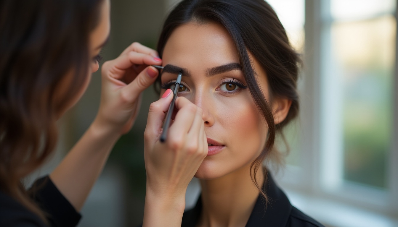 Femeie zâmbind, arătând sprâncene perfect conturate după un tatuaj fir cu fir