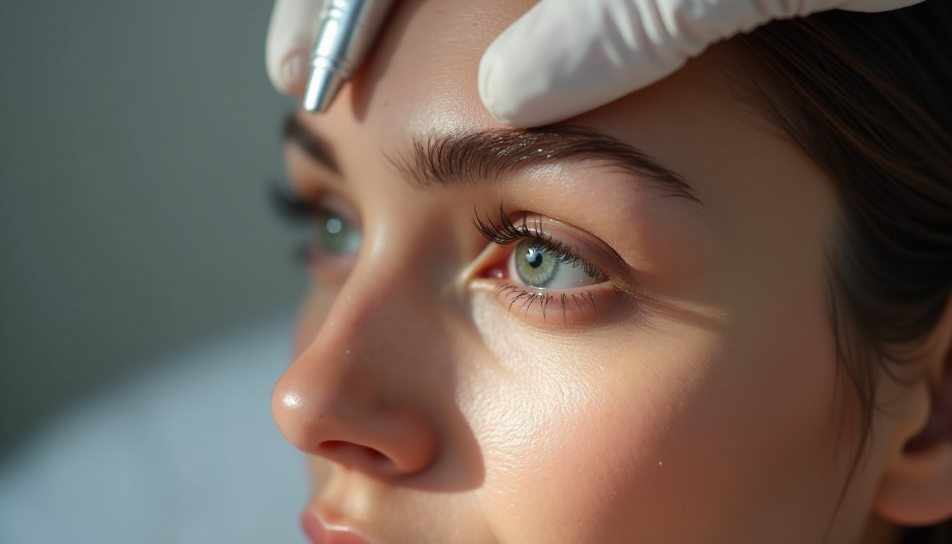 Femeie cu sprâncene perfecte, cu fascicule laser stilizate arătând procesul de îndepărtare a tatuajului de sprâncene cu laser